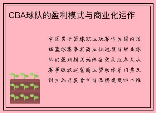 CBA球队的盈利模式与商业化运作