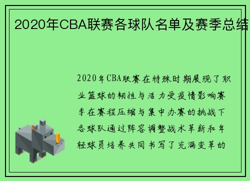 2020年CBA联赛各球队名单及赛季总结
