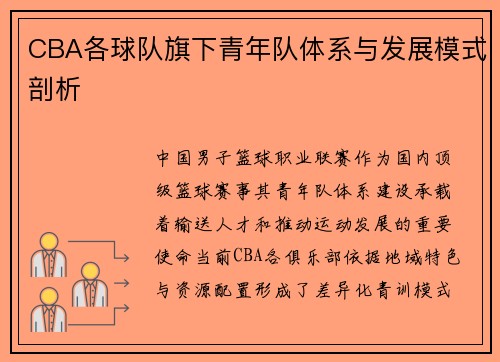 CBA各球队旗下青年队体系与发展模式剖析